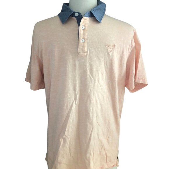 GUESS Los Angeles Peach Blue Denim Short Sleeve Polo - NEW - Picture 1 of 7